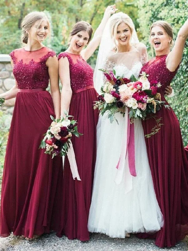 Sheer Neck Dark Red Long Bridesmaid Dresses with Appliques