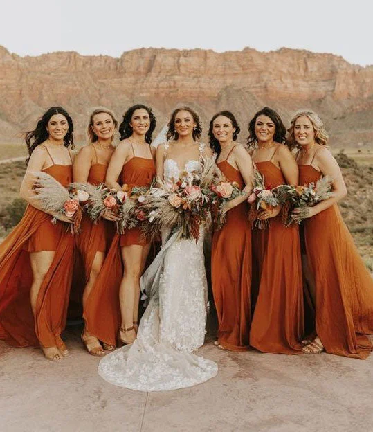 Spaghetti Straps Burnt Orange Bridesmaid Dresses Long HN005