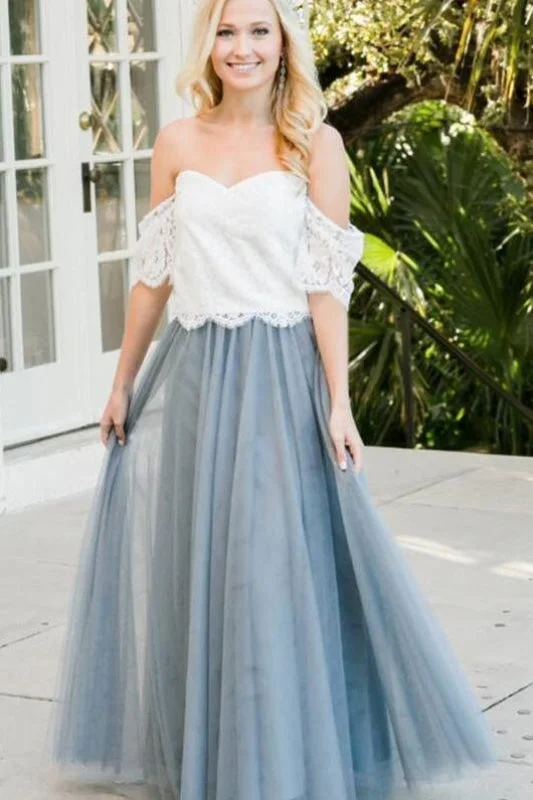 Two Floor Length Prom with Lace 2 Piece Off Shoulder Tulle Bridesmaid Dress