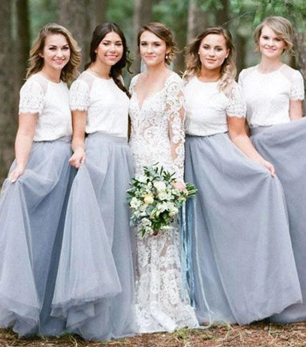 Two Piece Tulle Short Sleeves Long Bridesmaid Dresses for Wedding Party