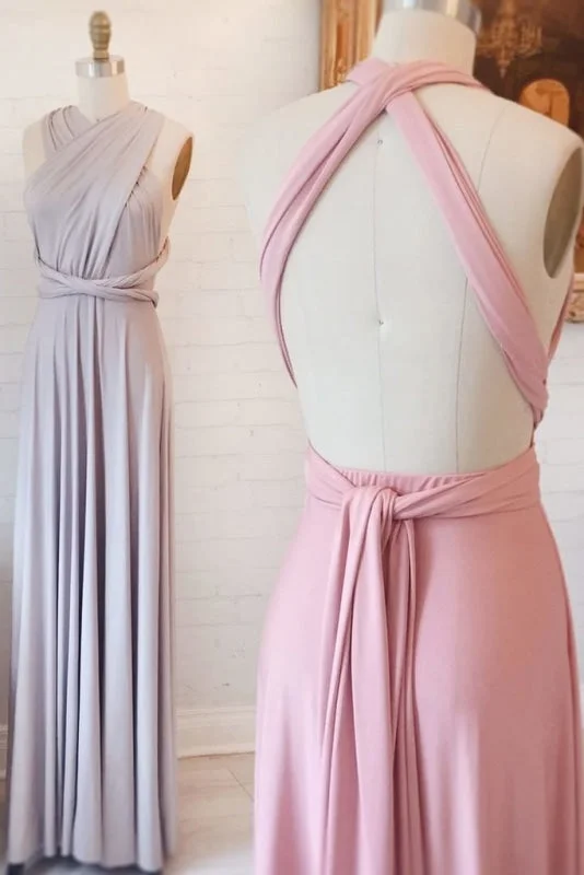 Unique Open Back Column Sleeveless Ruched Long Bridesmaid Prom Dress