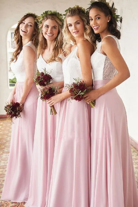 V Neck Long Bridesmaid Dresses with Lace for Wedding