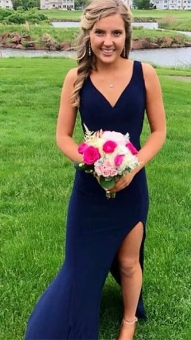 V Neck Mermaid Split Side Navy Blue Bridesmaid Dresses Prom Dresses