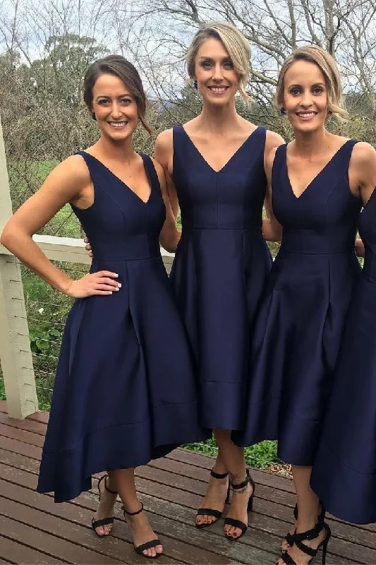 V Neck Navy Blue Bridesmaid Dresses for Wedding Party