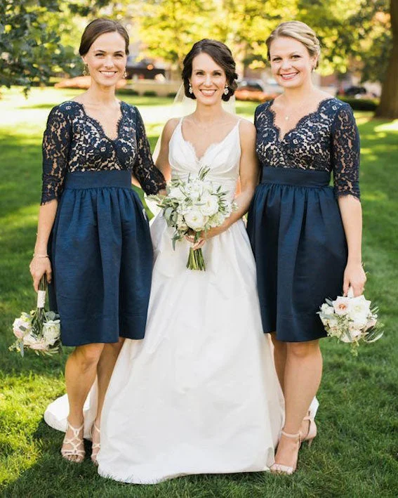 V Neck Short Bridesmaid Dresses with Half Sleeves