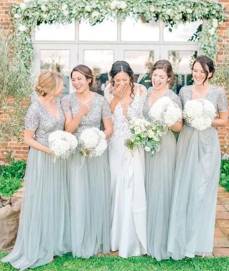 V Neck Short Sleeves Tulle Long Bridesmaid Dresses for Wedding