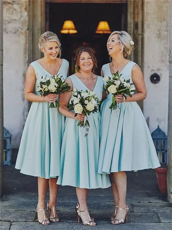 V Neck Tea Length Bridesmaid Dresses for Wedding Party