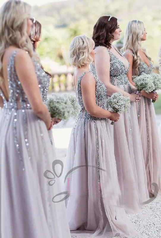 V Neck Tulle Long Bridesmaid Dresses for Wedding Party with Sequines