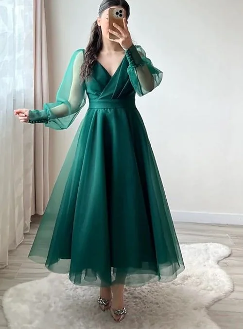 A-Line Cocktail Dresses Minimalist Dress Christmas Tea Length Long Sleeve V Neck Organza with Buttons      S2903