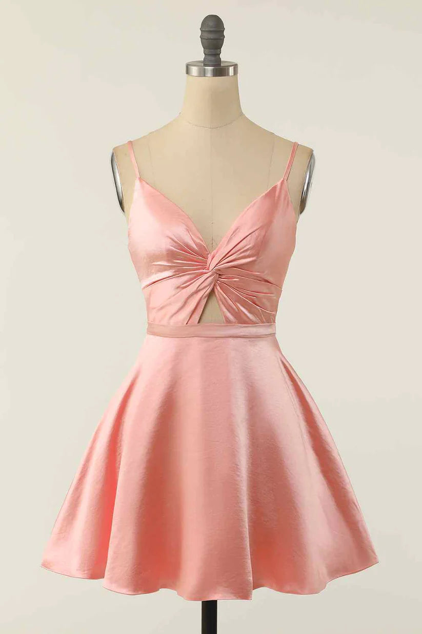 A-line V Neck Twist Knot Cut-Out Pleated Mini Homecoming Dress       S2985