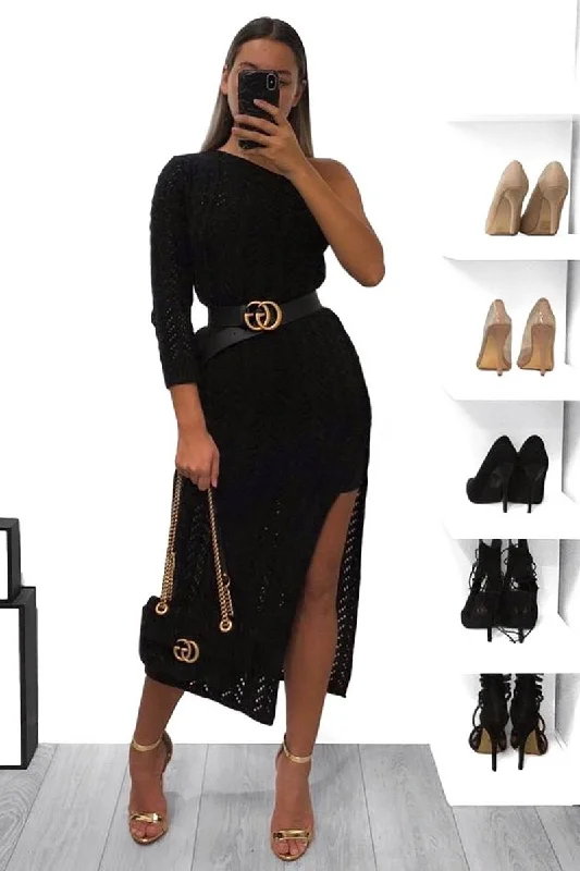 Black One Shoulder Open Knit Maxi Dress - Dierra