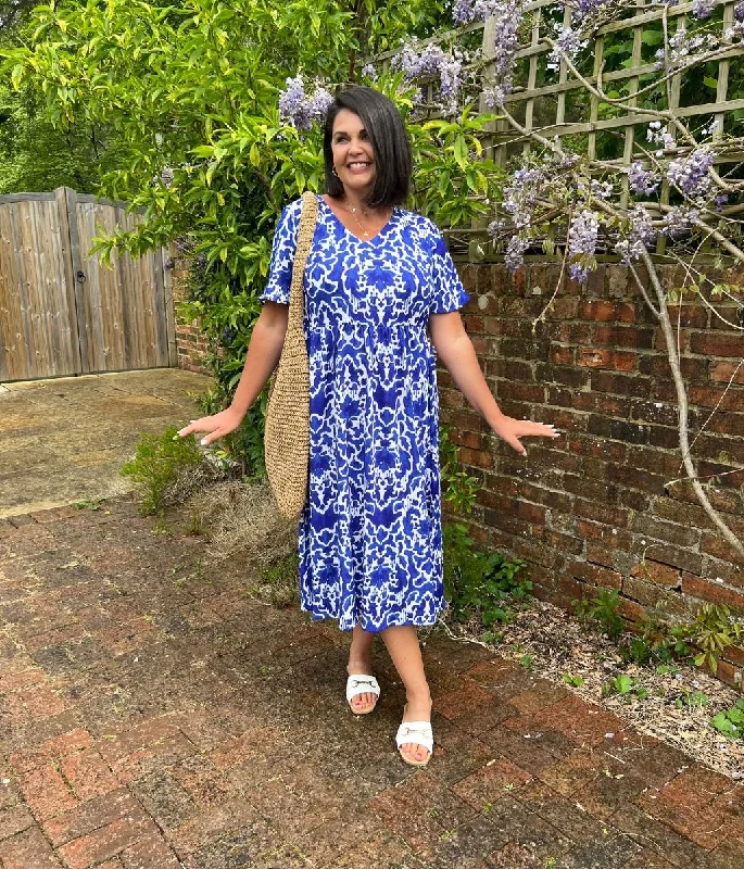 Blue Ikat Baroque Print Floral Midi Dress