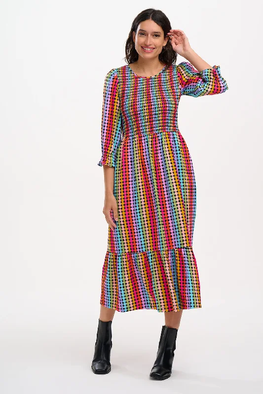 Quill Shirred Midi Dress - Black, Rainbow Circles