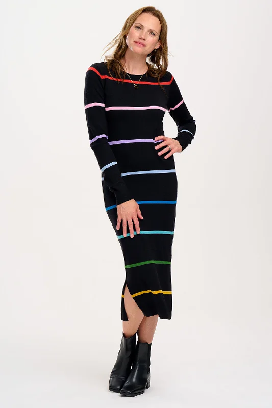 Liselle Midi Knit Dress - Black, Rainbow Stripes