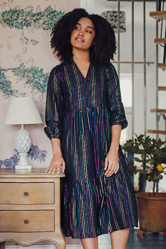 Esmeralda Midi Smock Dress - Black, Metallic Rainbow Stripe