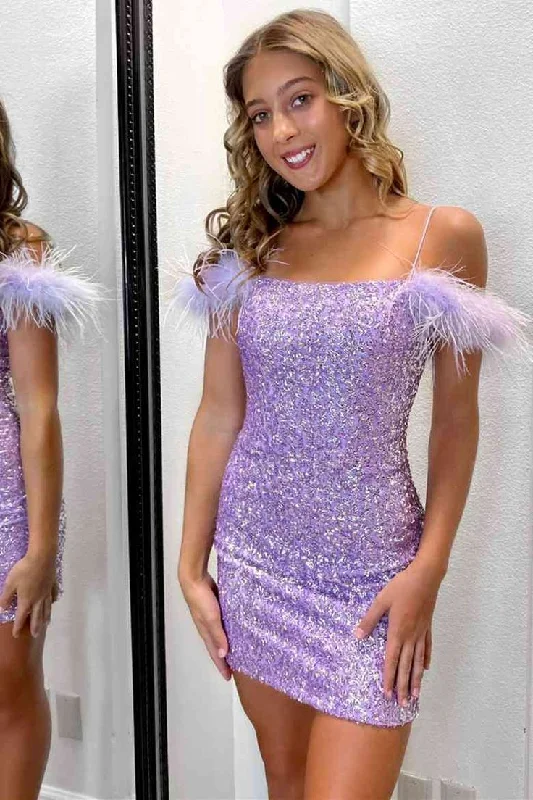 Feather Cold Shoulder Lilac Sequins Mini Homecoming Dress      S3210