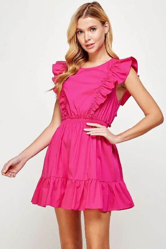 Fuchsia Back Tie Detail Ruffled Sleeveless Mini Dress