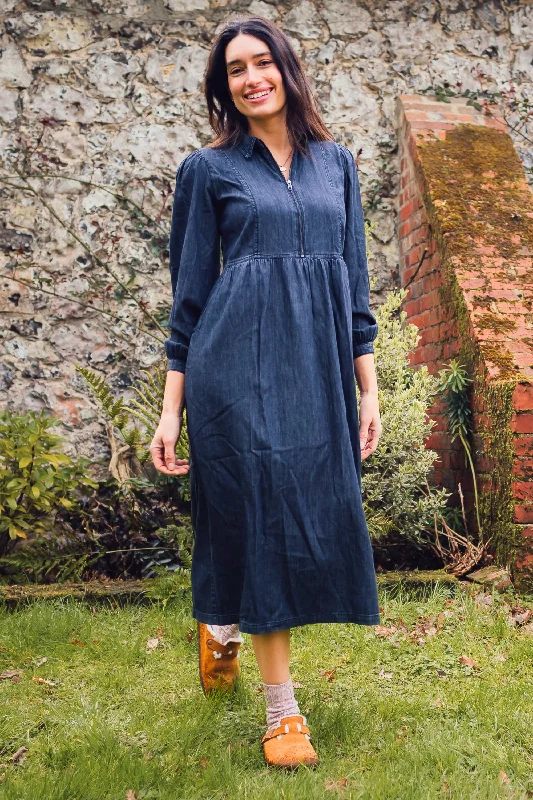 Kirsty Midi Smock Dress - Mid-Blue Denim