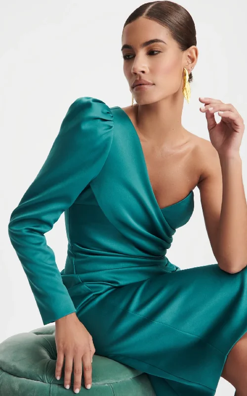 Lavish Alice - One Shoulder Bonded Satin Puff Sleeve Midi Dress