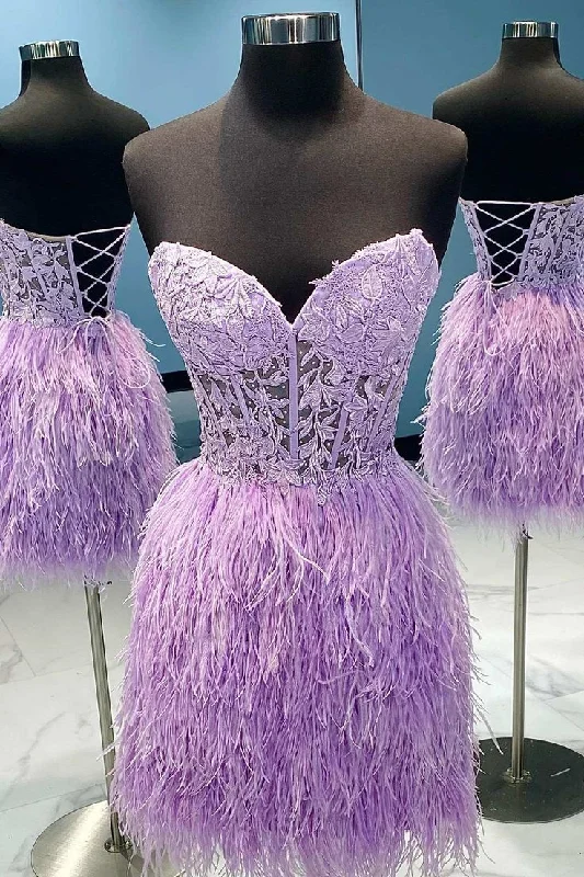 Lilac Floral Lace Feather Strapless Mini Dress       S3050