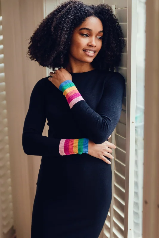 Liselle Midi Knit Dress - Black, Rainbow Stripe Cuffs