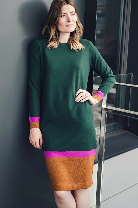 Nala Midi Knit Dress - Dark Green, Autumn Colour Block