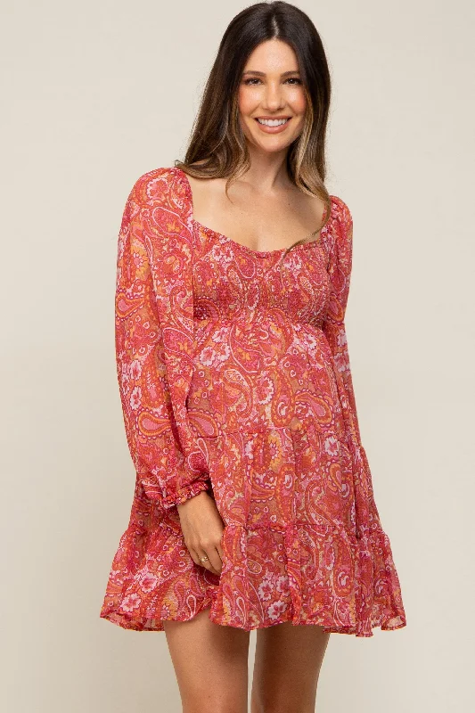 Red Paisley Tiered Long Sleeve Maternity Mini Dress