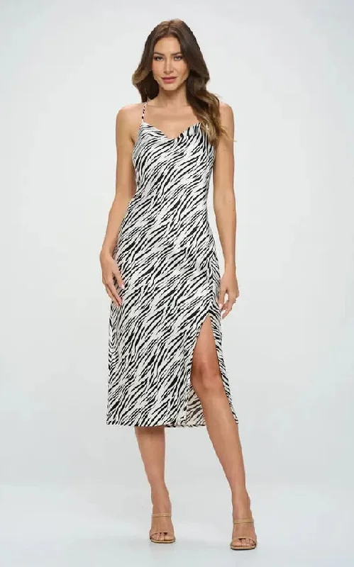 Renee C- Zebra Print Midi Satin Slip Dress with Slit