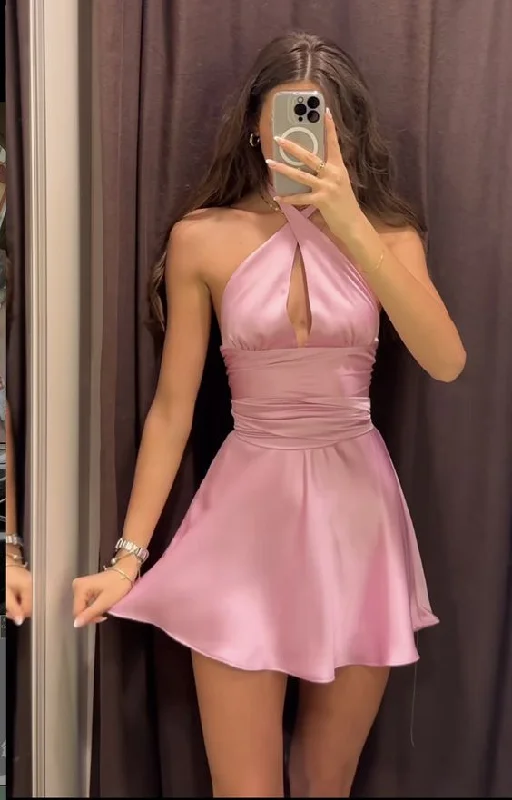 Satin Halter Mini Dress Women Backless Sleeveless Pink Party Dresses   S5335