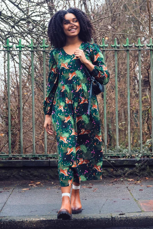 Sidney Midi Smock Dress - Dark Green, Tigers & Palms