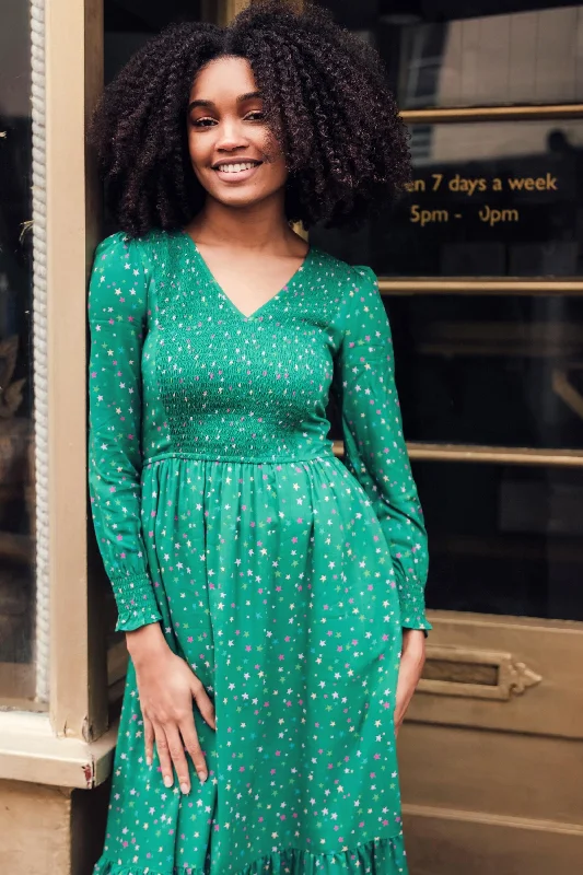 Siti Shirred Midi Dress - Green, Micro Star Confetti