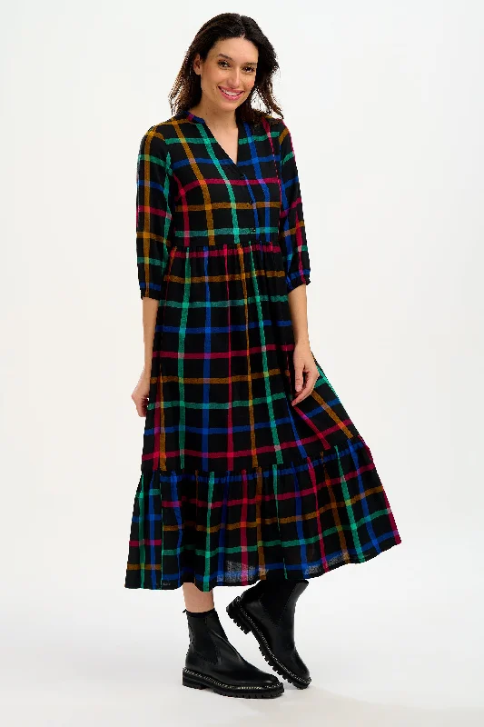 Uri Midi Smock Dress - Black, Rainbow Check