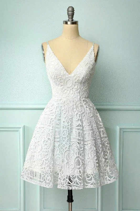 White Lace A-line Short Dress Mini Length Prom Dresses     S3190