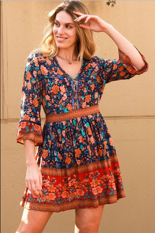 Deshon Printed Button Down Tassel Dress - Orange