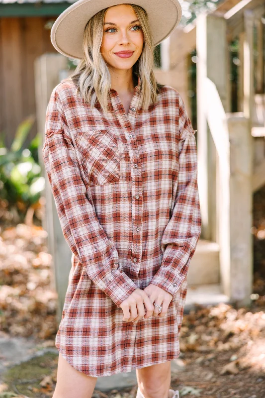 Feeling Your Very Best Mocha Brown Plaid Shirt Dress