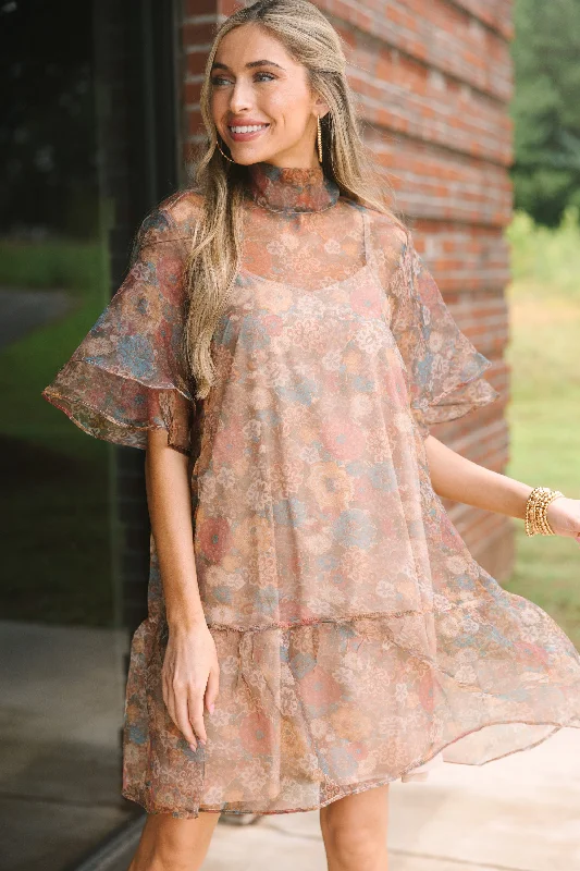 Take It Back Brown Floral Organza Dress