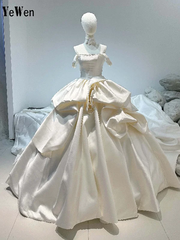 1.5M Train Ball Gown French Satin Wedding Dress Off Shoulder White A Line Wedding Gown Minimalist Satin Gown YW0833