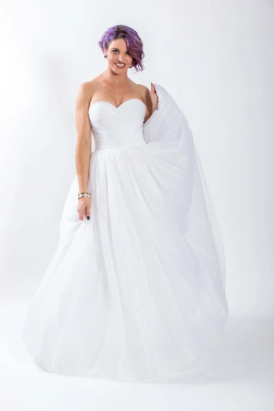 White Strapless Tulle Wedding Gown with Lace Up Back Glitter Underlay  #1174