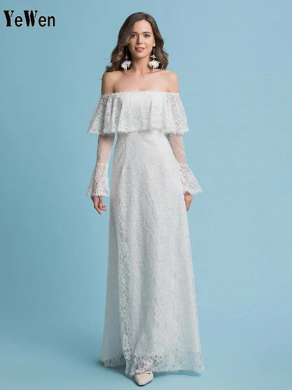 Boho A-Line Wedding Dresses Off Shoulder Court Train Lace Regular Straps Floor Length