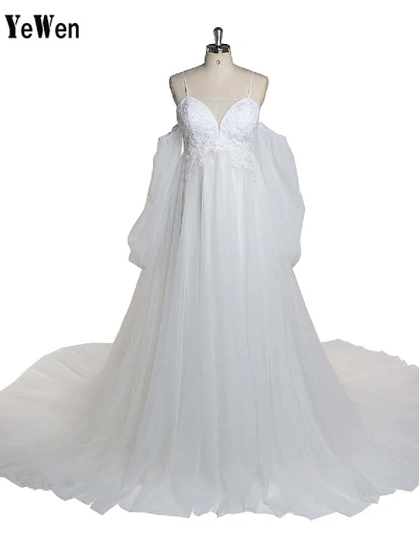 Boho Style V-Neck Tulle Maternity Wedding Dress Lace Bridal Dress with Long Train YEWEN