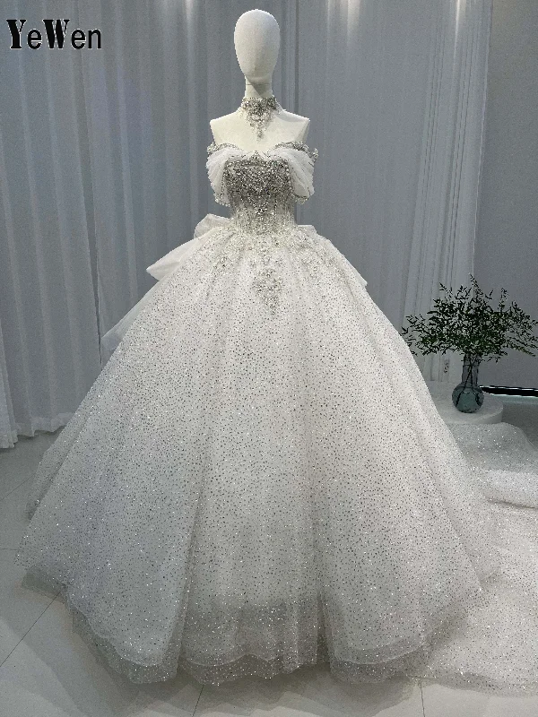 Charming Princess Style Wedding Dress High Quality Queen Sparkle Off The Shoulder White Wedding Gown YW0846