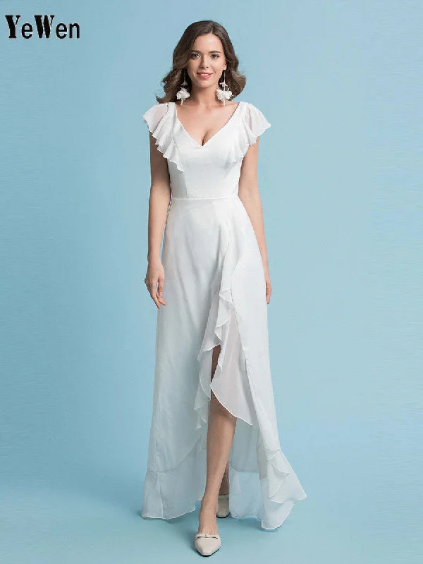 Sheath/Column Chiffon Sleeve V-Neck Wedding Dress Floor Length