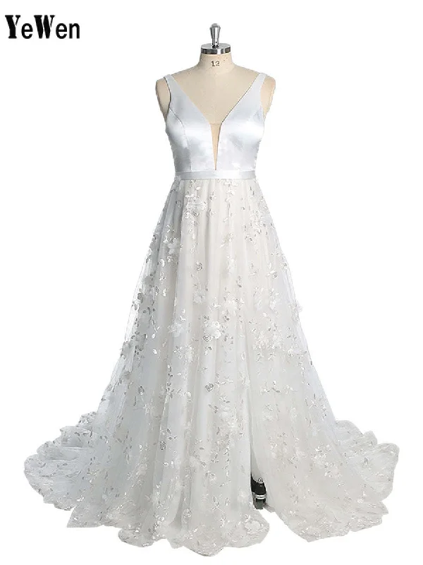 Double V-Neck Tull Lace Bohemian Beach Bridal Wedding Dress YW230217