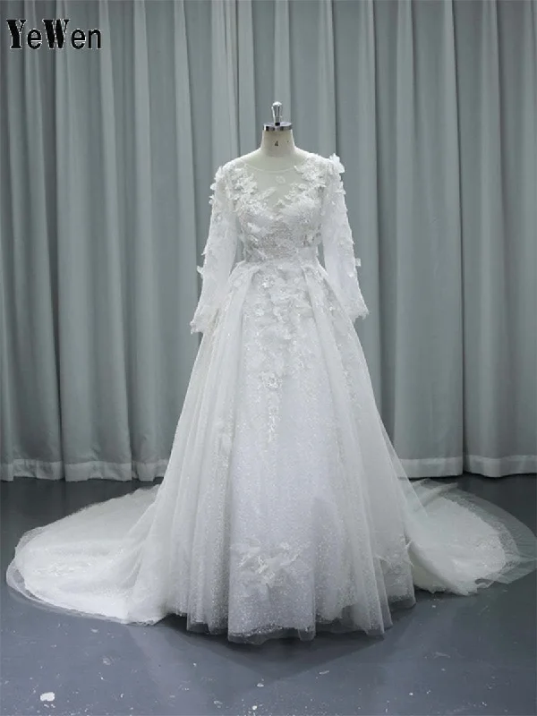 Exquisite Illusion Long Sleeve Wedding Dresses With Luxury Appliques Bridal Gown #24013