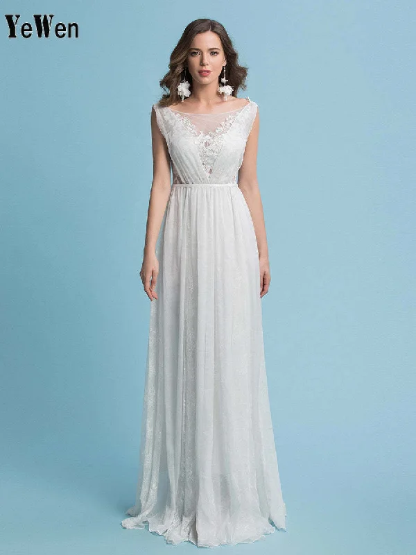 Lace Floral Chiffon Bohemian Wedding Dress Floor Length Minimalist Bridal Gown