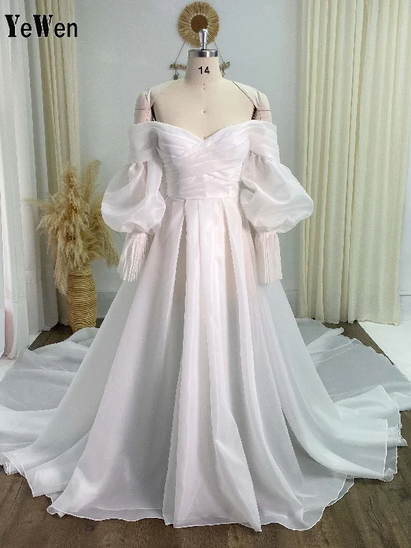 Long Train Silk Organza Wedding Dress Engagement Dress with Puffy Sleeves Custom Wedding Dress YW240025