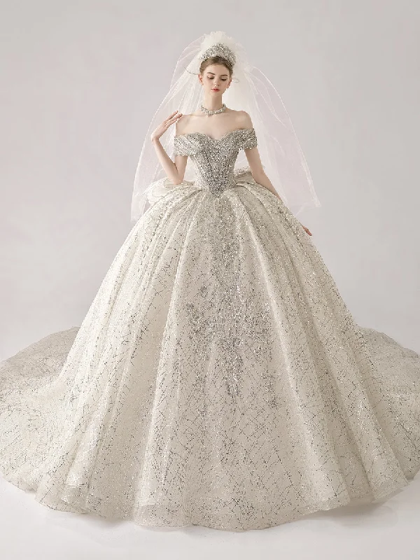 Luxury Palace Style Off Shoulder Wedding Dress, Big Long Train Wedding Gown YW0851