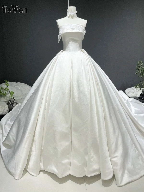 Off The Shoulder Satin Wedding Dress Beach Wedding Satin Bridal Gown YW0841