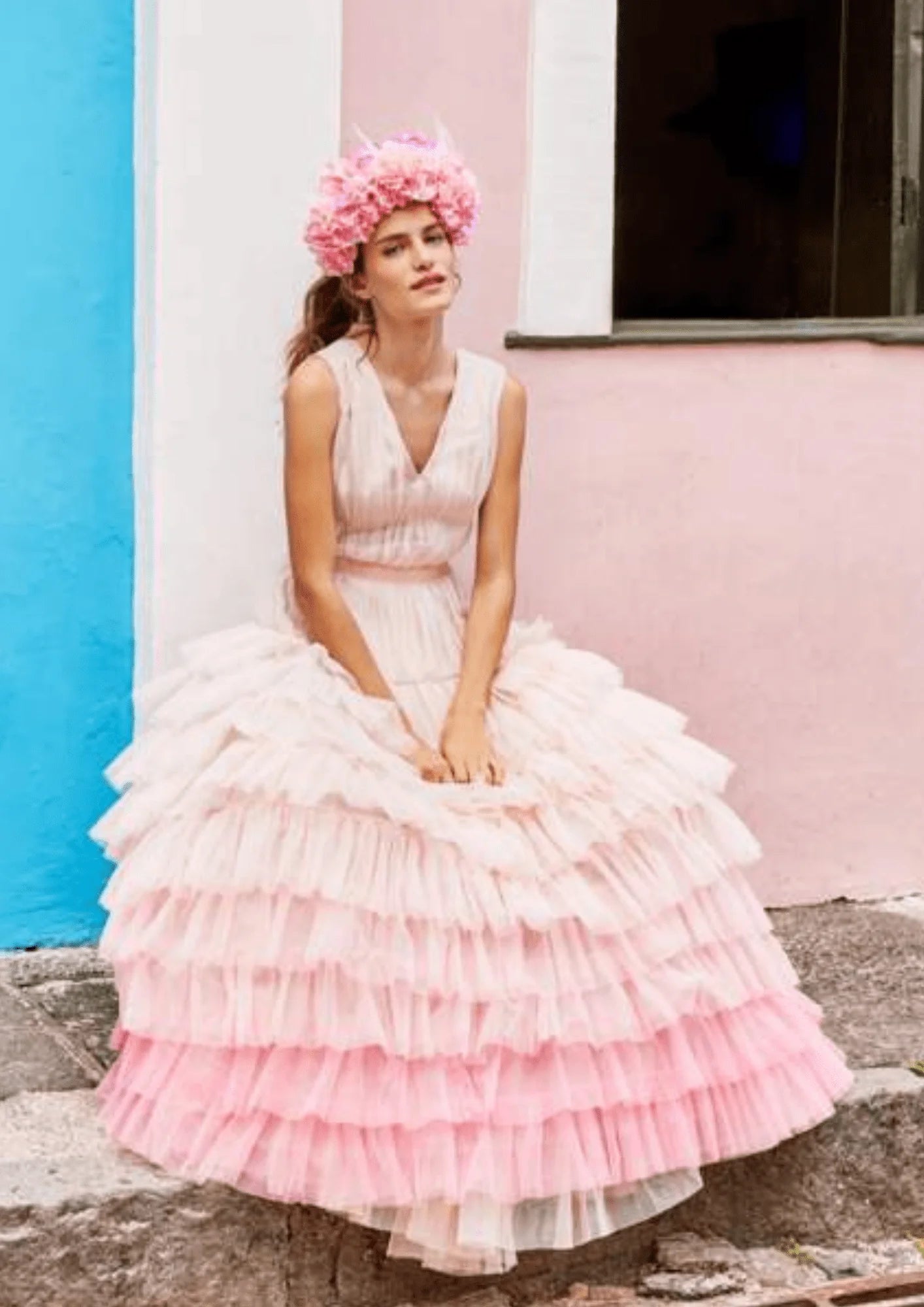 PINK RUFFLED LONG DRESS