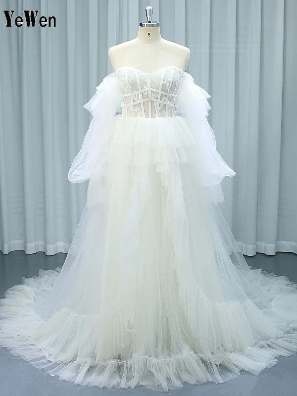 Long Sleeve Ruffle Tulle Colorful Wedding Dresses Bridal Dress YW221107